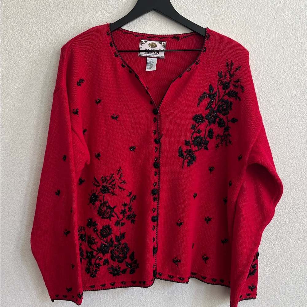 TIARA INTERNATIONAL Y2K Holiday Vintage Embellished Buttoned Sweater Cardigan M